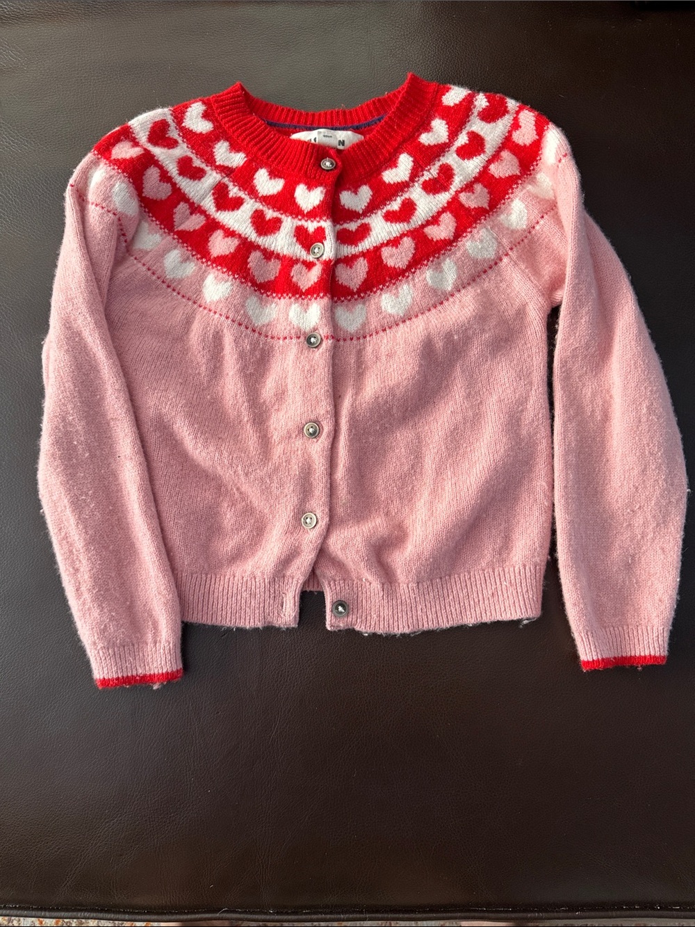 Mini Boden Pink Cardigan with Red & White Heart Yoke